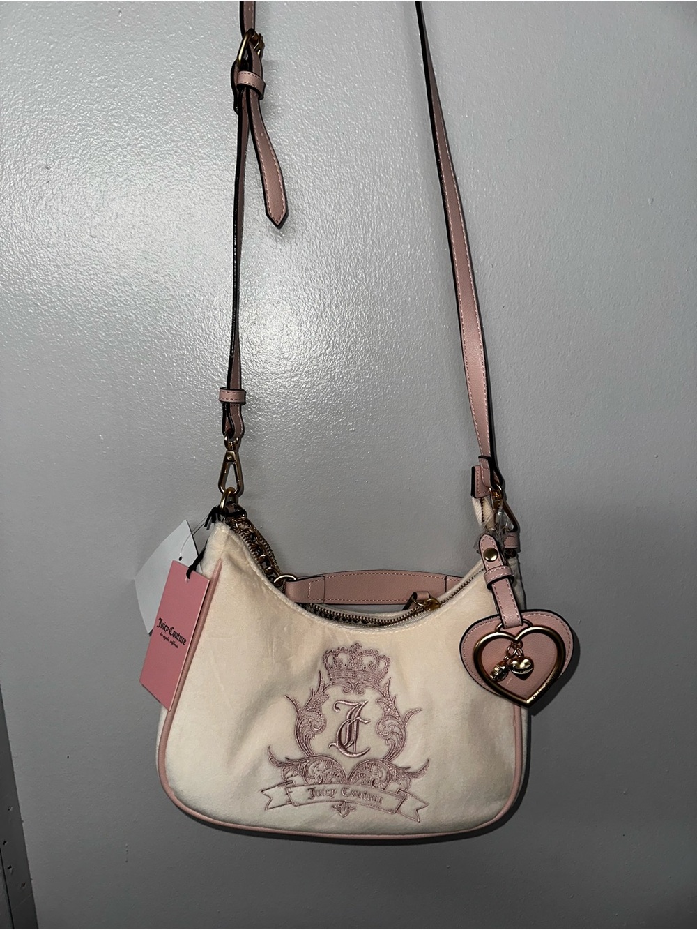 Juicy Couture Pink and Cream Velvet Heart Charm Crossbody